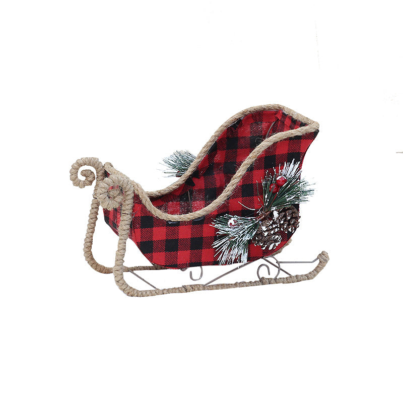 Christmas Decorative Iron Art Christmas Tree Branches Red and Black Plaid Fabric Decoration Reindeer Pulling Carriage Ornament