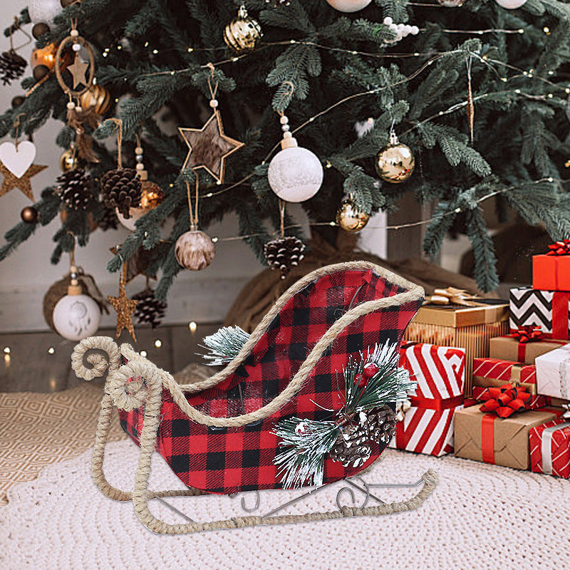 Christmas Decorative Iron Art Christmas Tree Branches Red and Black Plaid Fabric Decoration Reindeer Pulling Carriage Ornament