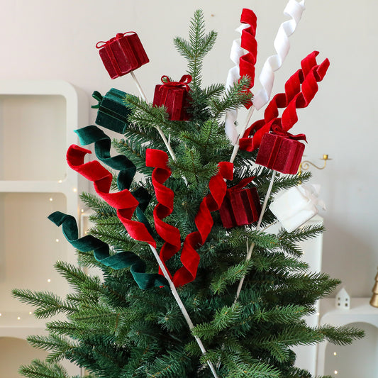 Christmas Decoration with Red and Green Faux Fur Curly Flowers Branches Ornament for Christmas Tree and Gift Box