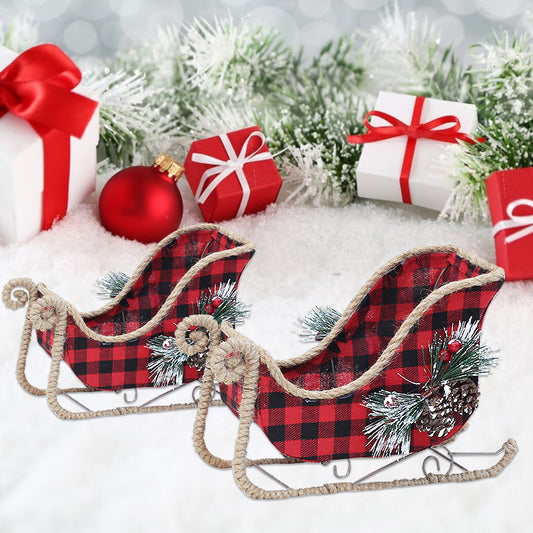 Christmas Decorative Iron Art Christmas Tree Branches Red and Black Plaid Fabric Decoration Reindeer Pulling Carriage Ornament