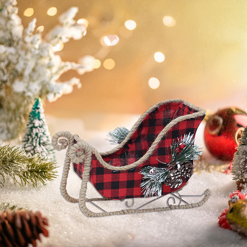 Christmas Decorative Iron Art Christmas Tree Branches Red and Black Plaid Fabric Decoration Reindeer Pulling Carriage Ornament