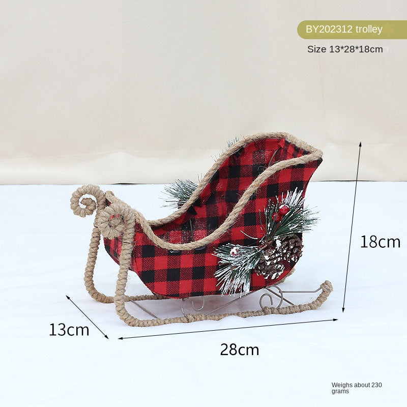 Christmas Decorative Iron Art Christmas Tree Branches Red and Black Plaid Fabric Decoration Reindeer Pulling Carriage Ornament