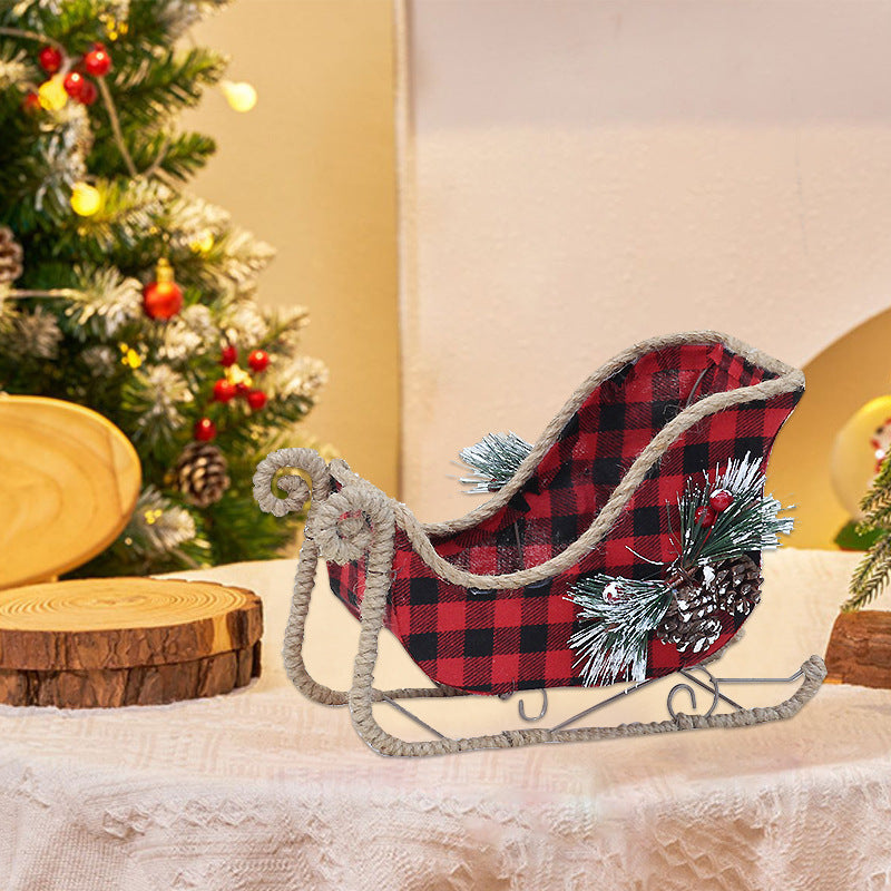Christmas Decorative Iron Art Christmas Tree Branches Red and Black Plaid Fabric Decoration Reindeer Pulling Carriage Ornament