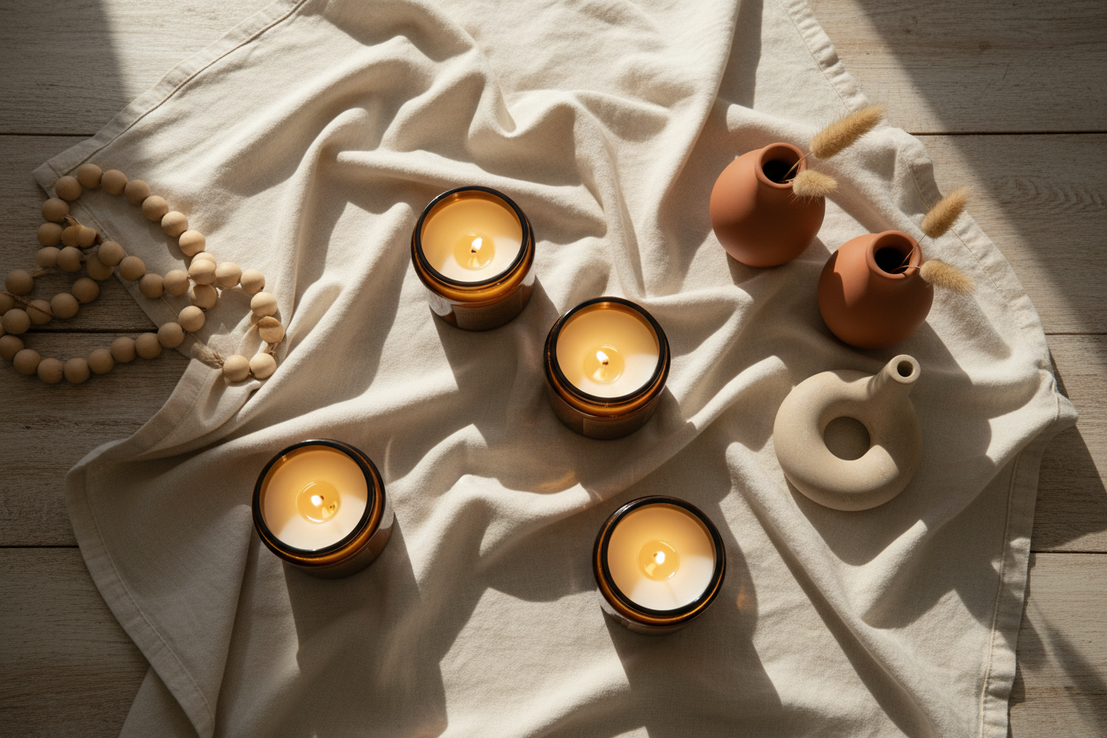 Aesthetic cozy flat-lay of premium bedsheet, candles, decor items, soft home lighting, warm shades.”