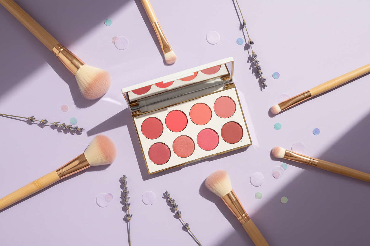“Aesthetic flat-lay of makeup brushes, blush palette, pastel lavender background, soft natural lighting.”