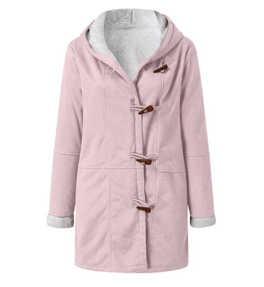 Winter Vintage Button Jackets Women's Warm Fleece Hooded Coat Casual Mid-Length Trench Top Outwear Clothing