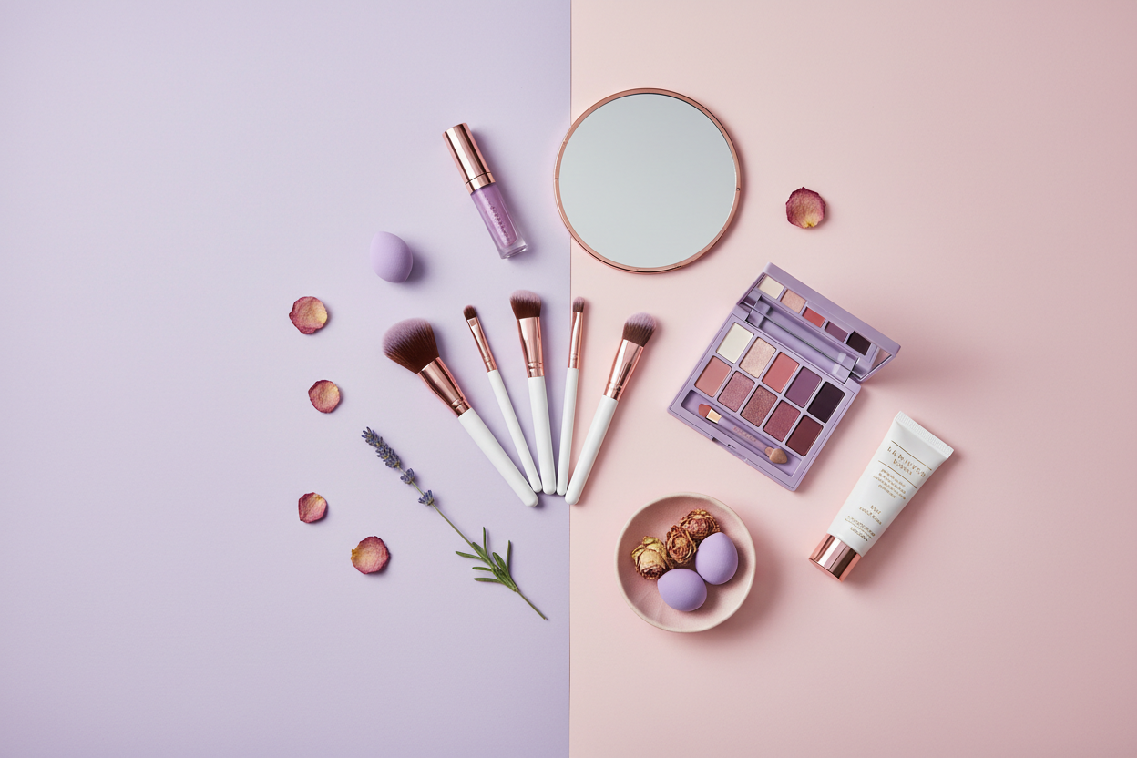 Soft pastel background beauty flat lay with makeup tools, elegant, minimal, lavender and pink tones, premium lifestyle aesthetic, high resolution

