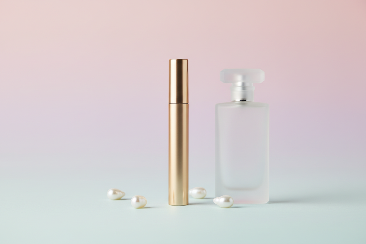 Soft pastel gradient background with minimal beauty elements, premium luxury style, clean Instagram aesthetic.